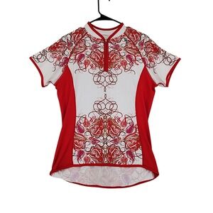 Shebeest Cycling Jersey L Women 1/4 Zip Red White Floral Leaves Short Sleeve Top